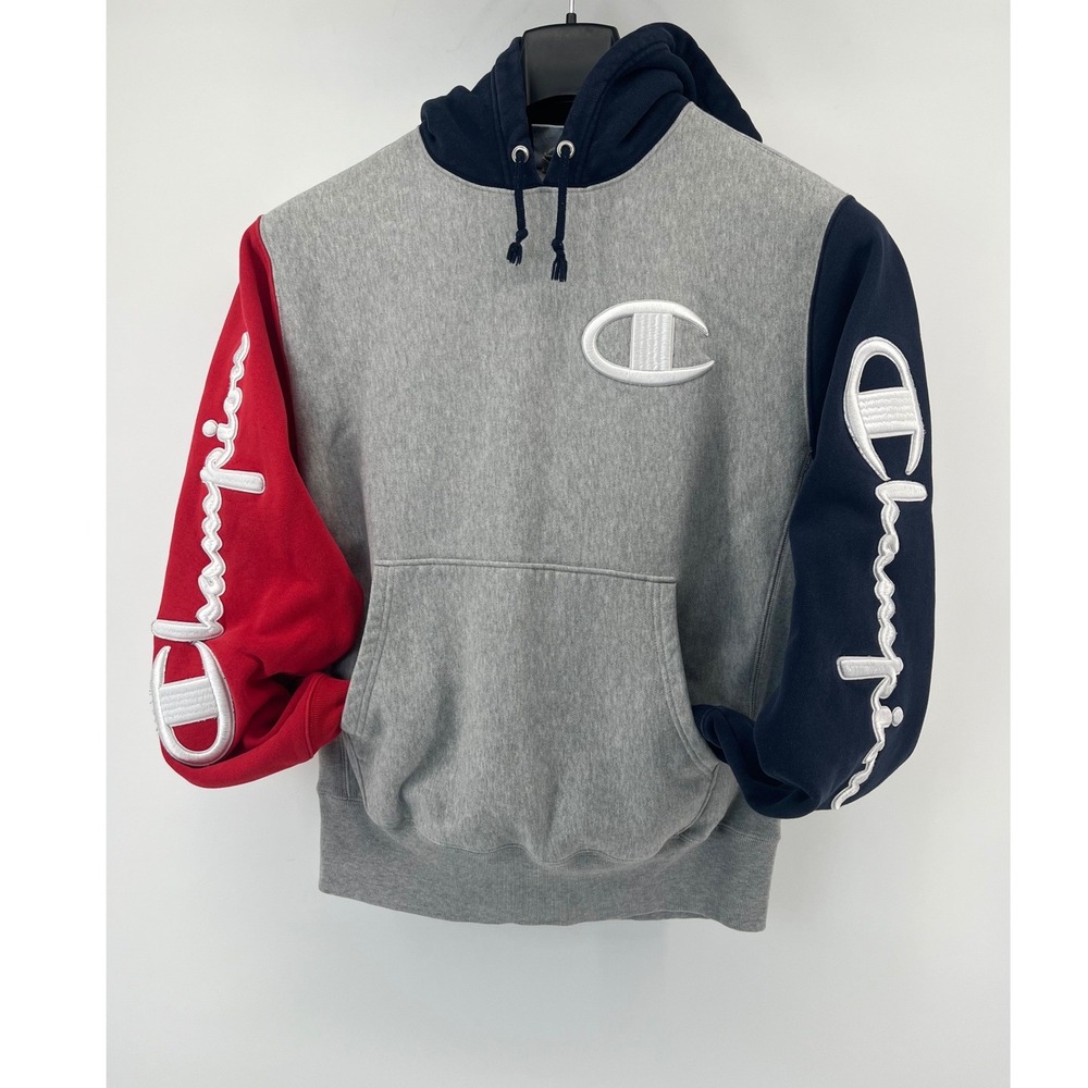Champion Reverse Weave Hoodie Mens Medium Grey Red Navy Colorblock Chenille Logo